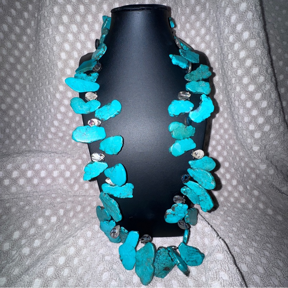Turquoise & Abalone Statement Necklace | Sterling Silver 925 | 32”